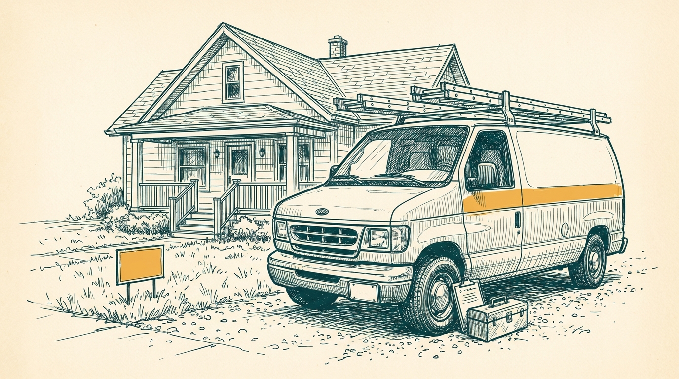 Hand-drawn sketch of a tradesman's work van parked in front of a house with a yard sign and clipboard